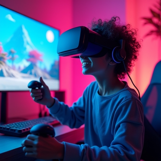 A detailed depiction of a VR gaming setup showcasing a high-resolution VR headset, motion controllers, and a dynamic virtual landscape on the screen, emphasizing modern technology and immersive design, vibrant colors
