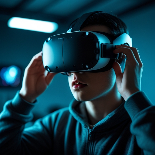 Close-up of a worried gamer adjusting a VR headset, focusing on potential health concerns like eye strain or discomfort, in a dimly lit room that underscores the seriousness of health considerations in VR technology