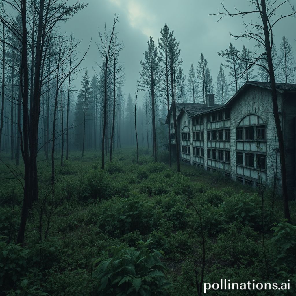 dark, overgrown forest in the Chornobyl Exclusion Zone, abandoned buildings with decaying walls, mutated creatures lurking in the shadows, ominous atmosphere, cinematic atmosphere, ultra realistic, highly detailed, 8k quality, photorealistic