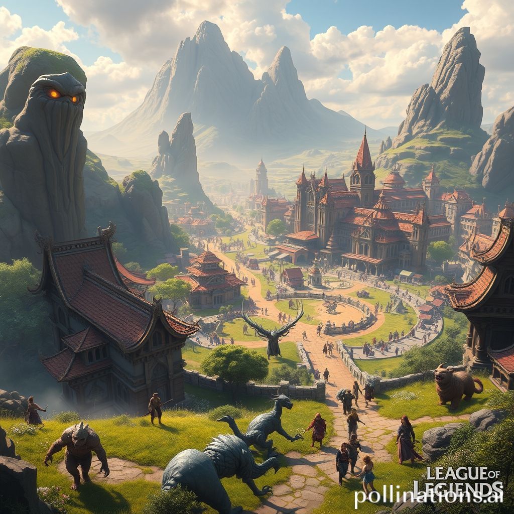 Vibrant fantasy landscape in Runeterra, diverse characters from League of Legends interacting, bustling city with magical elements, epic battles with fantastical creatures, warm sunlight, cinematic atmosphere, ultra realistic, highly detailed, 8k quality, photorealistic