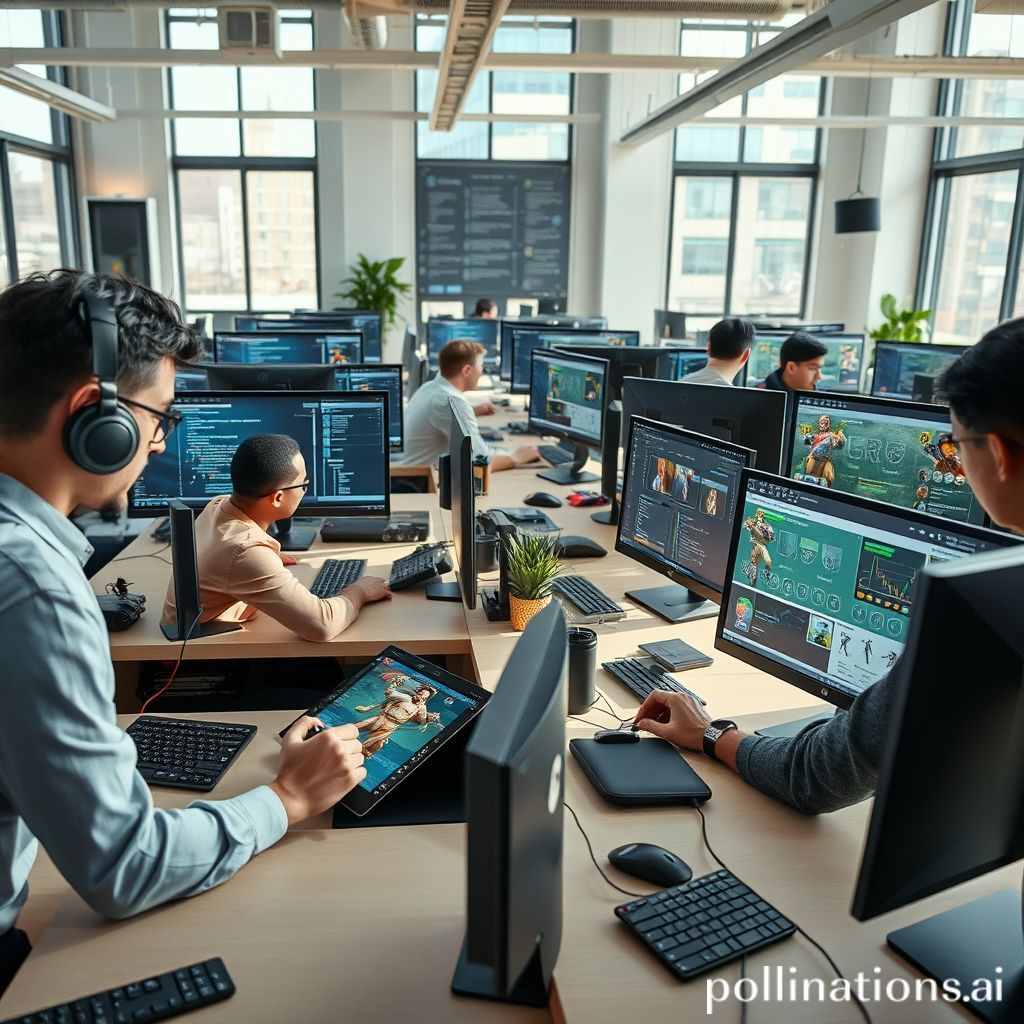 A team of diverse game developers intensely collaborating in a modern, open-plan office, surrounded by multiple monitors displaying game code, 3D models, and UI mockups for an esports title. One developer is sketching character designs while another analyzes game data, reflecting a focused, innovative, and collaborative environment with natural light and tech equipment, vibrant and professional, high detail, 4k quality