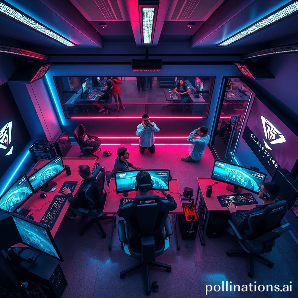 A dynamic esports training facility interior, showing a professional team of five players intensely practicing in a high-tech gaming room. Each player is at a sleek desk with multiple monitors, high-performance PCs, and gaming peripherals. Coaches and analysts observe from a separate glass-walled room, strategizing. The atmosphere is focused and collaborative, with subtle team branding and ambient LED lighting, modern, clean, and highly detailed, cinematic quality