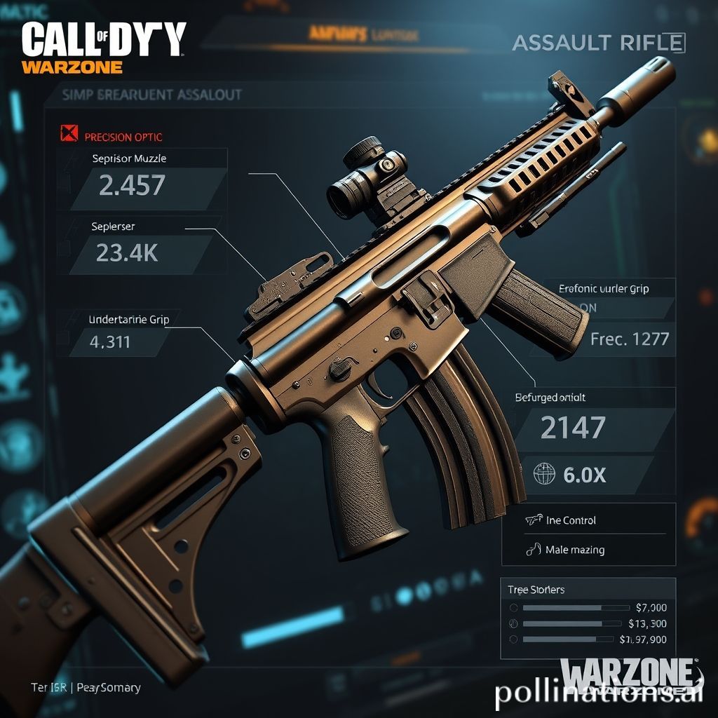 A close-up, in-game view of a customized assault rifle loadout screen in Call of Duty Warzone, showcasing various attachments like an optic, muzzle, underbarrel, and magazine, with detailed statistics for recoil control and ADS speed, clear UI elements, tactical aesthetic, ultra realistic, highly detailed, 8k quality, photorealistic