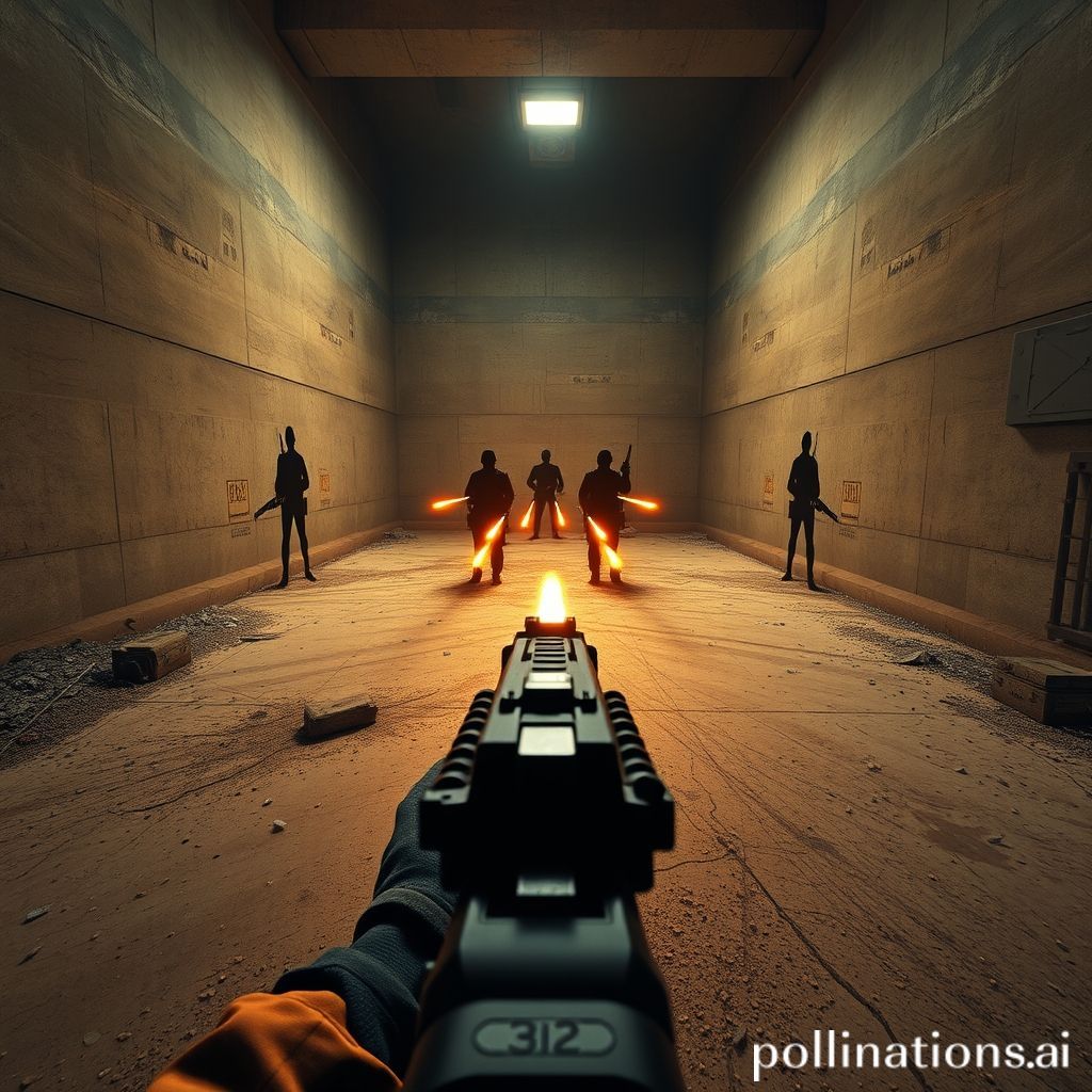 A first-person perspective of a Call of Duty Warzone player in a virtual firing range, actively shooting at multiple silhouette targets, bullet tracers streaking towards the targets, muzzle flash visible, focused and intense atmosphere, training ground environment, ultra realistic, highly detailed, 8k quality, photorealistic