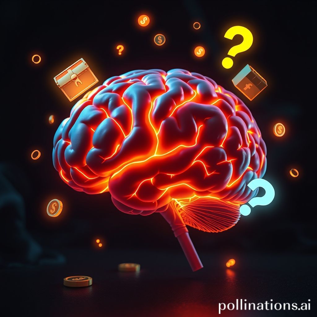Stylized graphic of a human brain with glowing neural pathways, specifically highlighting areas associated with reward and decision-making, surrounded by abstract representations of gaming elements like coins, chests, and question marks, dark background with subtle neon accents, scientific yet artistic, high resolution