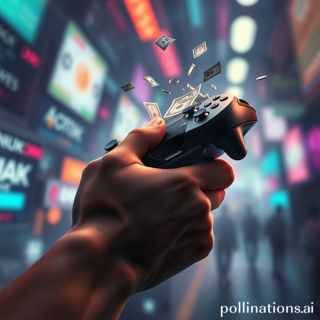 A digital representation of a hand holding a gaming controller, with ghostly dollar bills or coins slowly slipping through the fingers and dissolving, set against a blurred, intense online gaming background, symbolizing financial loss and the addictive nature of loot boxes, dark and slightly melancholic tone, realistic render, high contrast