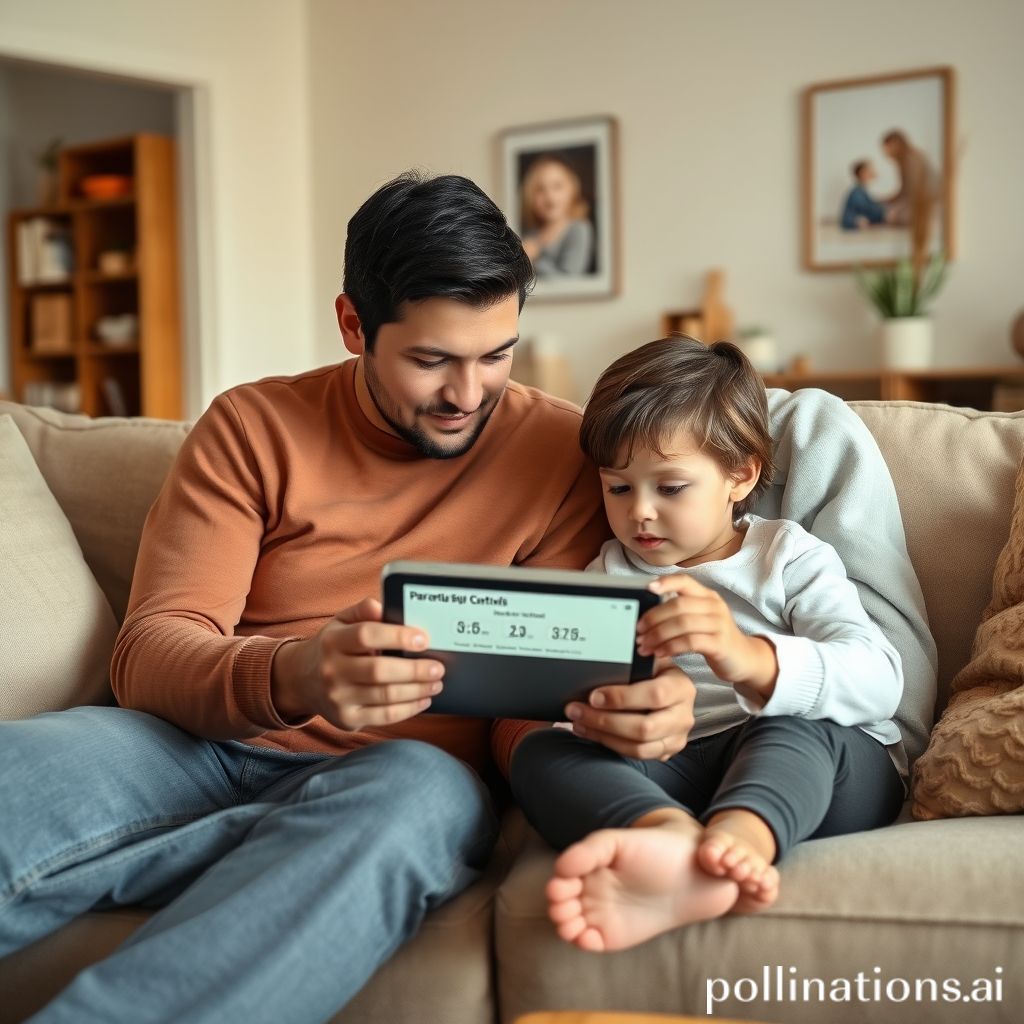 A parent and child looking at a tablet together, discussing game content, with a visible timer or parental control settings on the screen, in a warm, comfortable living room environment, symbolizing open communication and responsible gaming habits, soft natural light, family-friendly, photographic style
