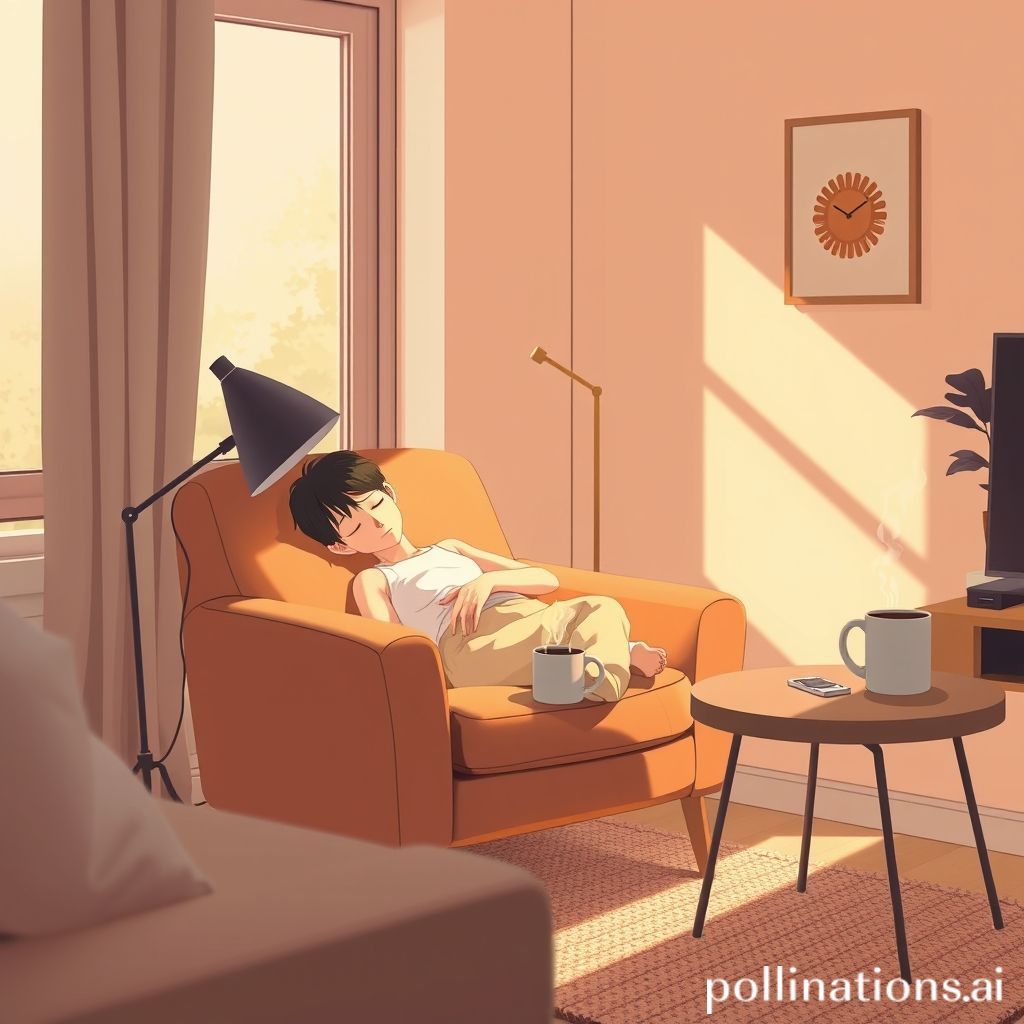 A steaming cup of coffee next to a person gently napping on a comfortable armchair, soft morning light filtering through a window, cozy and peaceful atmosphere, modern home office, warm tones, high resolution, soft focus background