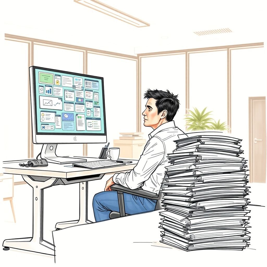 A person at a desk, looking slightly overwhelmed by a large task on their screen, but then turning to a simpler, organized task like sorting physical documents, bright, well-lit office, feeling of slight relief and progress, realistic, high detail