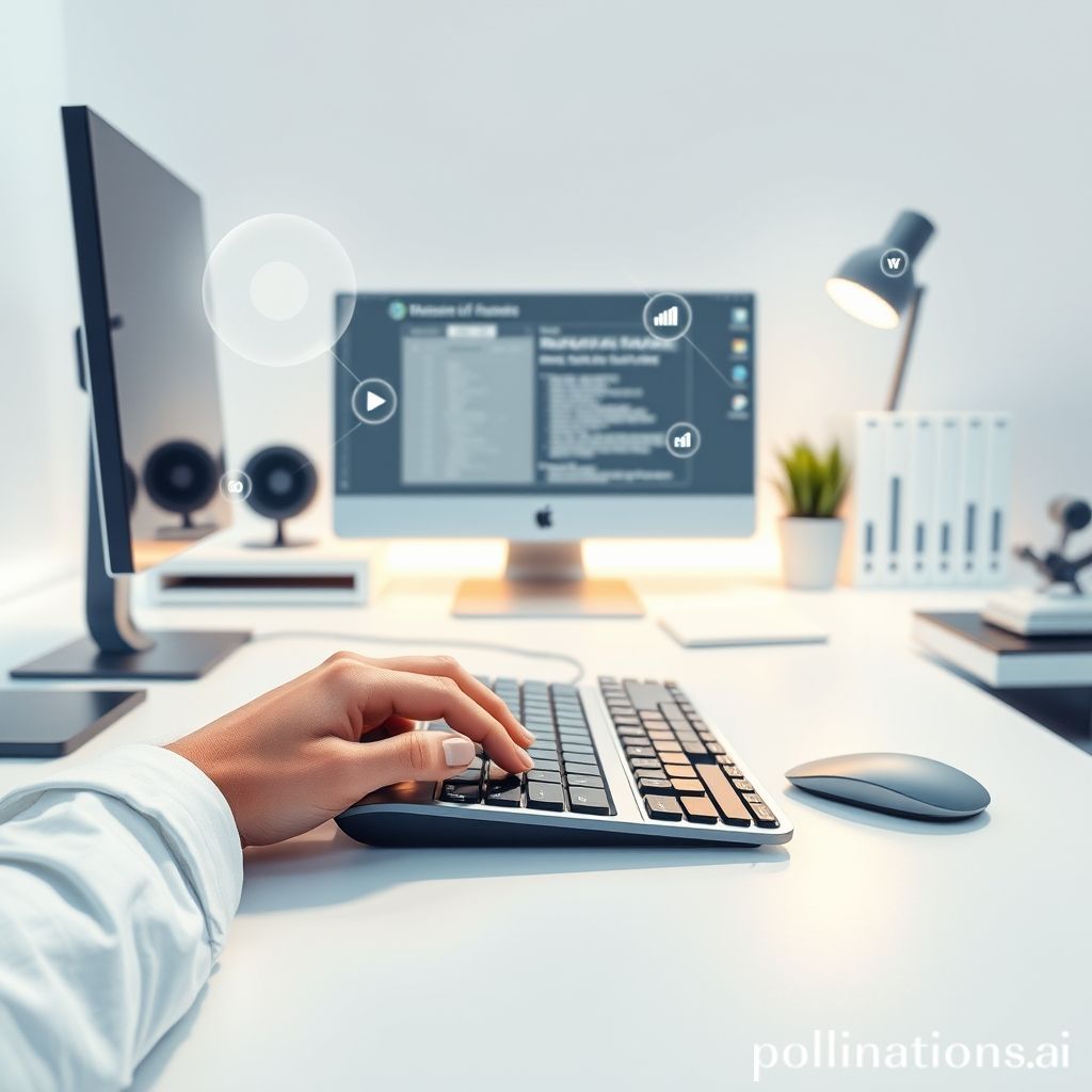 A person's hands efficiently using a computer mouse and keyboard, surrounded by a clean, minimalist desk setup, with digital icons and simplified user interfaces subtly overlaid, representing digital organization and automation, modern, clean lines, high-tech feel, soft ambient light.