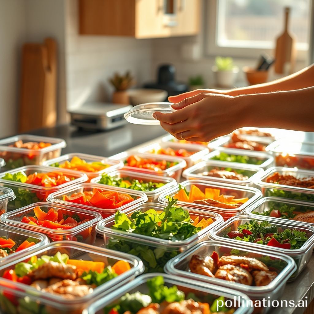 A vibrant kitchen counter laden with colorful pre-prepped meals in clear containers, fresh ingredients like chopped vegetables and grilled chicken, a person's hands putting a lid on a container, conveying healthy and efficient meal preparation, warm kitchen lighting, inviting, focus on food detail.