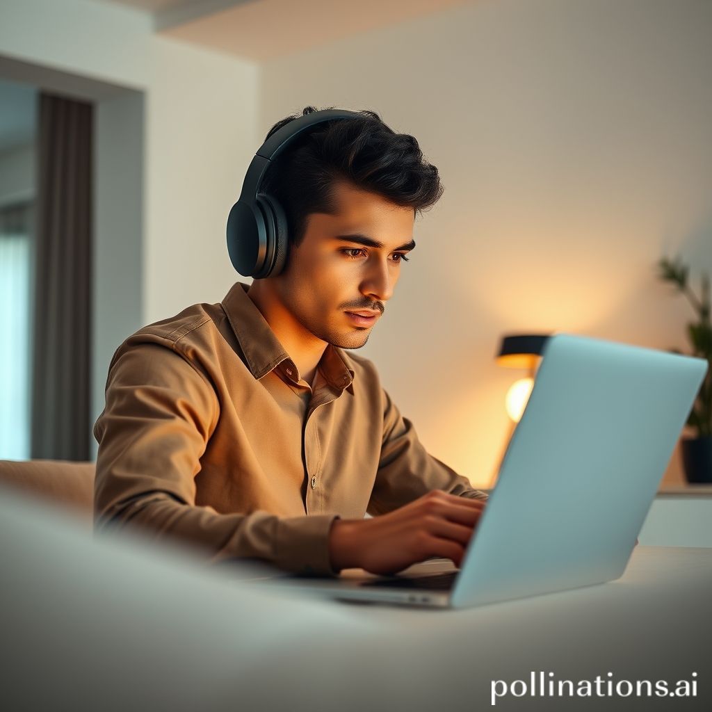 A professional in a quiet, modern home office, wearing noise-canceling headphones, deeply focused on their laptop screen, surrounded by a minimalist and calm environment, with a subtle glow from the screen, representing uninterrupted deep work and concentration, cozy yet professional, soft lighting, sharp focus.