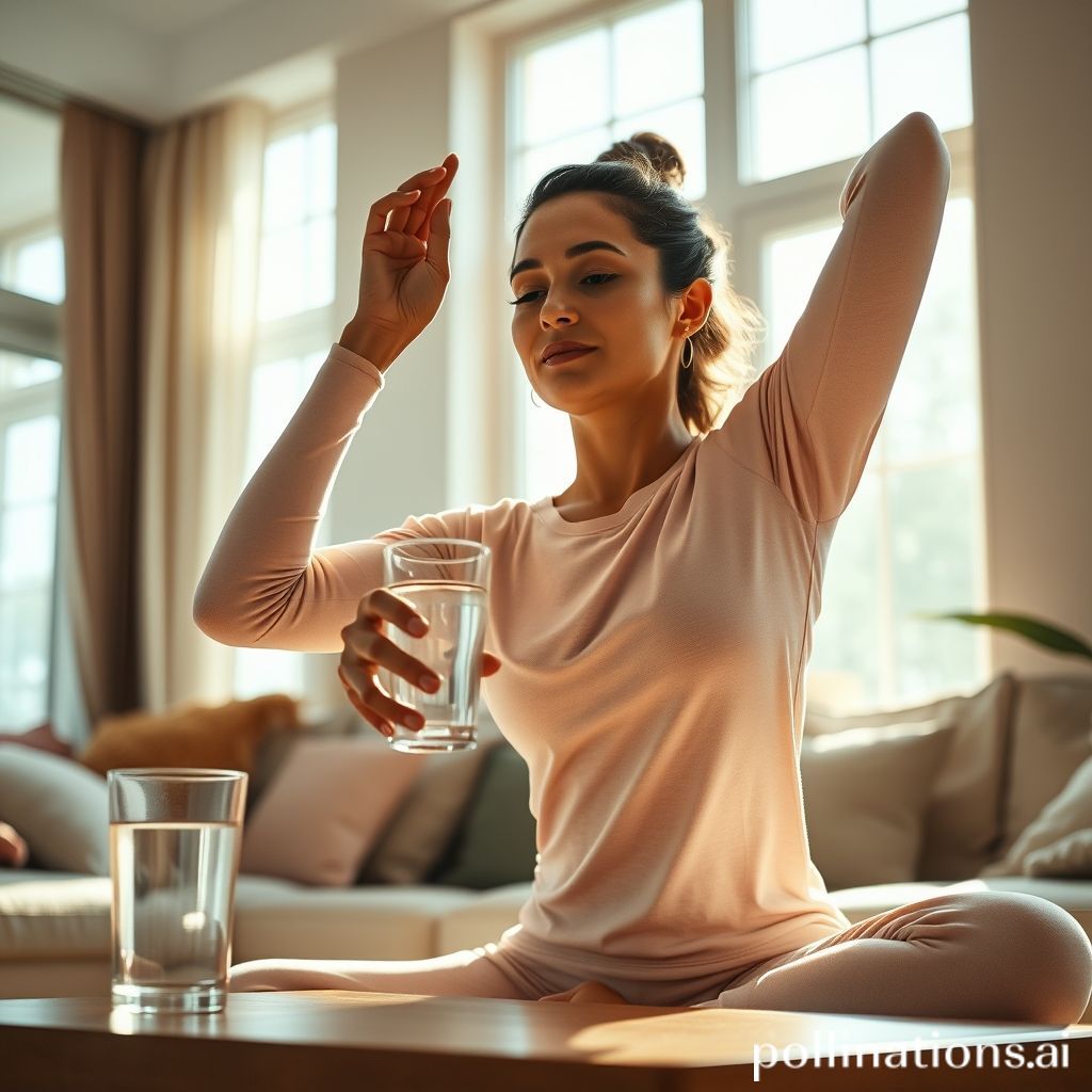 A person in comfortable activewear performing a gentle morning stretch in a sunlit living room, holding a glass of water on a nearby table. Serene, focused expression, soft light, cozy home environment, healthy lifestyle, cinematic, detailed, 8k.