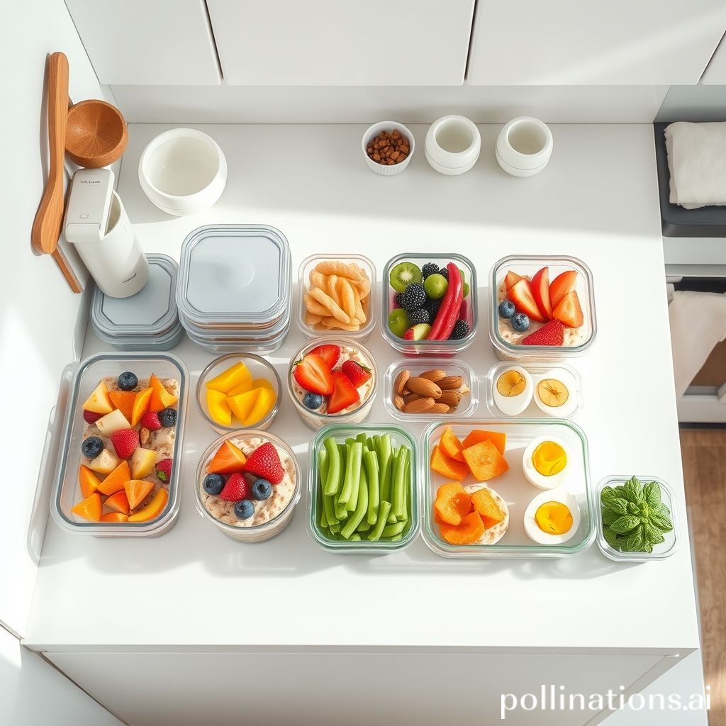 An aesthetically pleasing meal prep station with several containers of pre-made healthy breakfasts (overnight oats, fruit, boiled eggs), neatly arranged on a clean kitchen counter. Bright, organized, vibrant colors of fresh ingredients, modern kitchen, top-down view, high quality food photography.