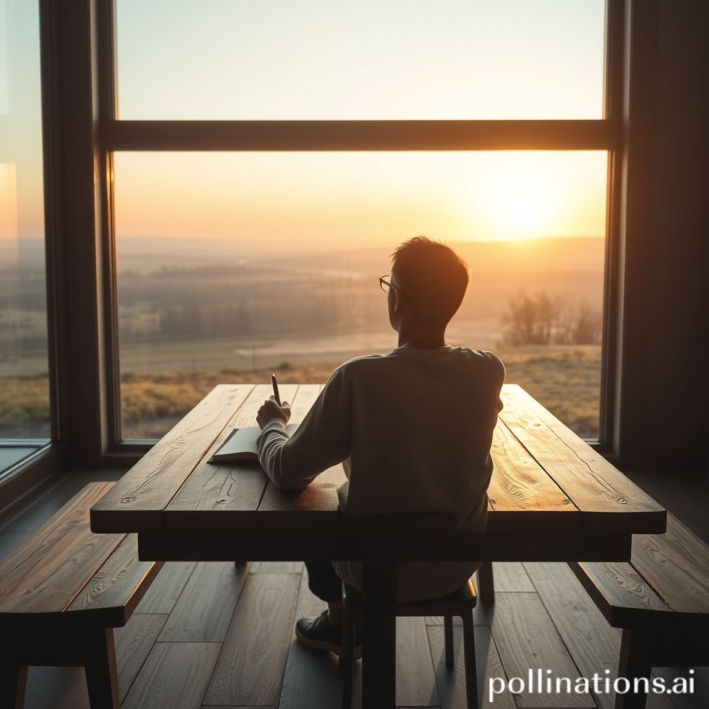 A person sitting peacefully with a journal and pen on a wooden table, overlooking a serene landscape from a large window during sunrise. No digital devices in sight, calm, reflective mood, soft golden hour light, minimalist aesthetic, inspiring, ultra realistic, highly detailed.
