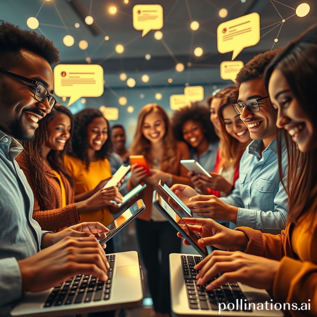 A diverse group of people from different backgrounds digitally interacting on various social media platforms, represented by glowing chat bubbles and comment sections, with hands typing on keyboards and phones, showing genuine smiles and engaged expressions, set in a modern, interconnected digital space with subtle network lines, bright and inviting, dynamic composition, high detail, warm color palette