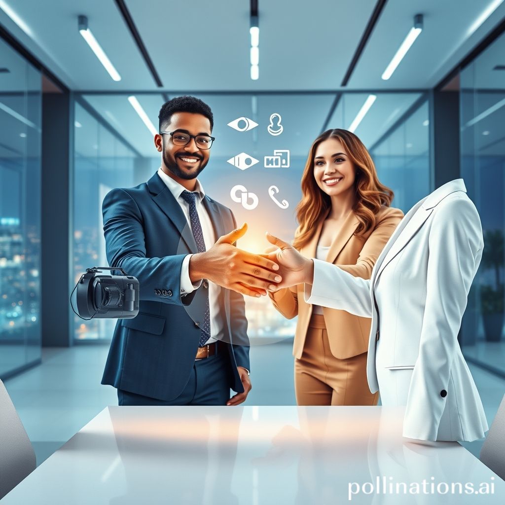 Two diverse business professionals, one male and one female, virtually connecting and shaking hands through a holographic interface, symbolizing a successful digital collaboration and cross-promotion between brands or individuals, with subtle brand logos merging in the background, set in a sleek, modern office environment with a backdrop of city lights, professional and optimistic, high-tech aesthetic, cinematic lighting, 8k quality