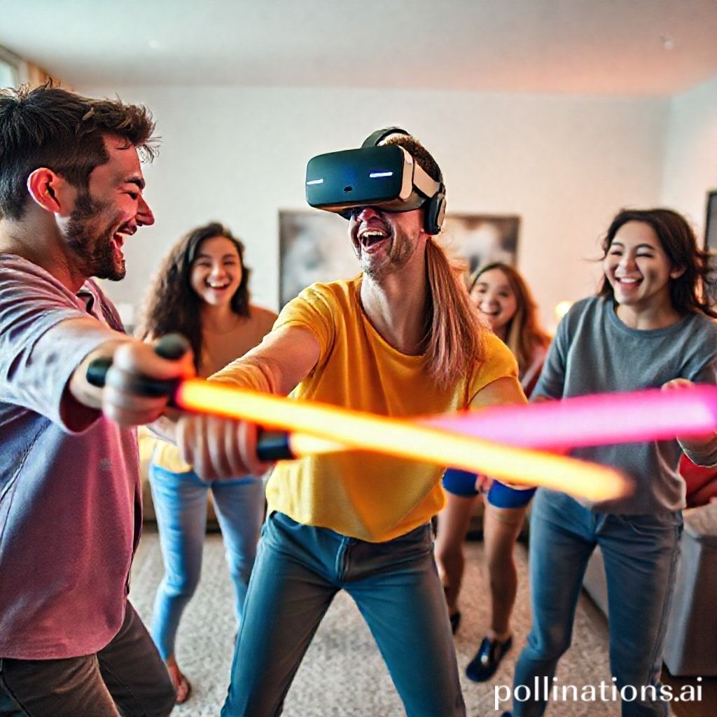 A group of friends laughing and playing Beat Saber in a modern living room, one person is actively swinging VR controllers, others are watching with smiles, the room is bright and contemporary, a Meta Quest 2 headset is visible on the player, dynamic action shot, vibrant colors, casual and fun atmosphere, soft natural light