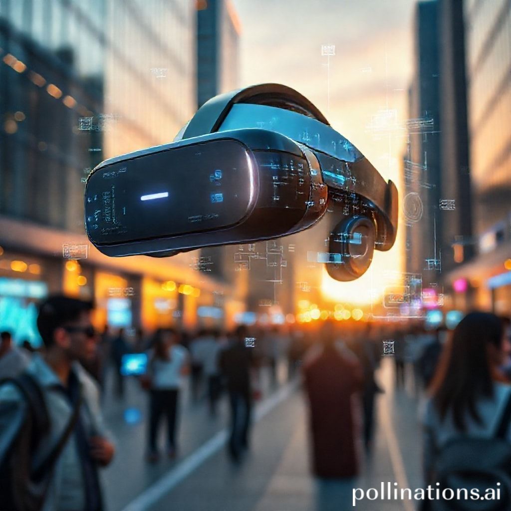 A futuristic, sleek VR headset seamlessly blending with an augmented reality overlay of digital information in a modern urban environment, showing elements of both virtual gaming and practical applications like navigation or data visualization, clean lines, glowing interfaces, diverse group of people interacting with the technology, dawn light, cinematic, high-tech, highly detailed, 8k quality