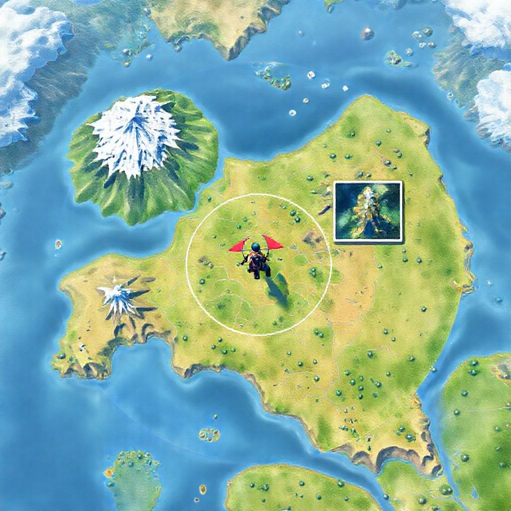 A stylized Fortnite map with the storm circle visibly shrinking. A player character, equipped with a glider, is seen rotating from the edge of the current zone towards the center of the next anticipated zone. The map shows different biomes like snowy mountains, deserts, and green plains. The overall mood is strategic and intense, with a sense of urgency. Game art style, clear UI elements, top-down view with character inset.