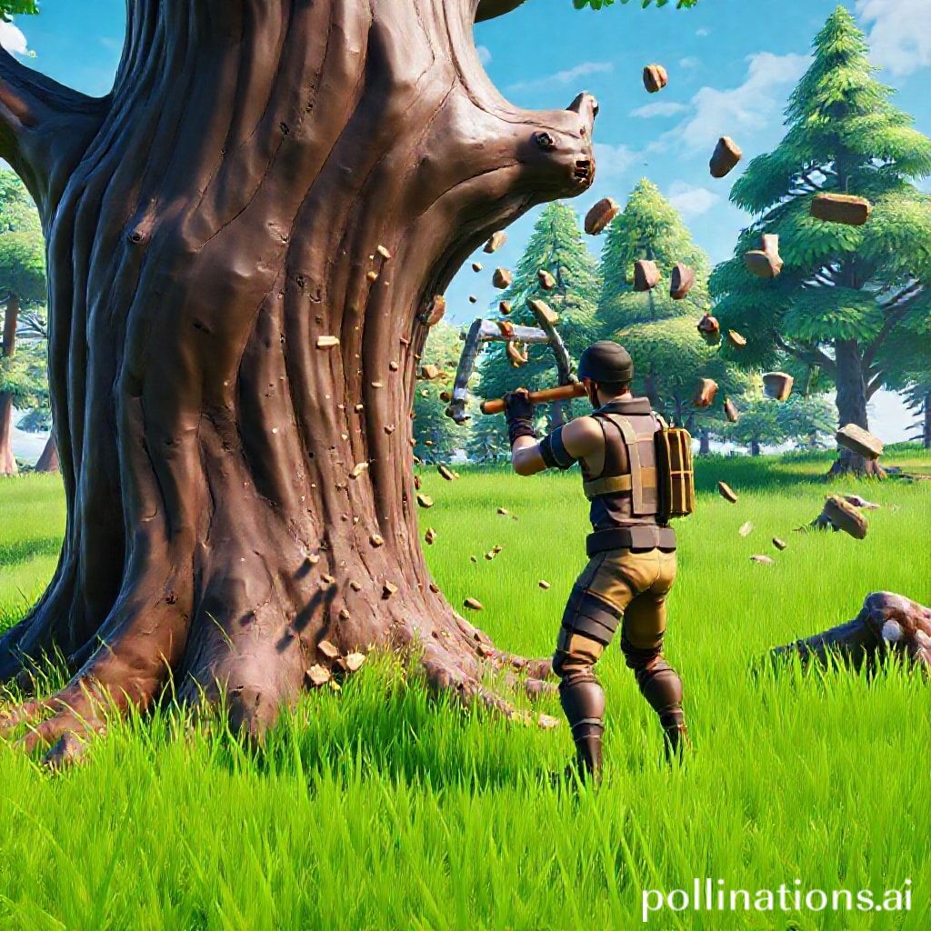 A Fortnite player character swinging a pickaxe at a large, gnarled tree, causing wood materials to fly out. The player is in a vibrant, natural environment with green grass and other trees. The focus is on the action of harvesting and the visual representation of materials being collected. Energetic, clear, game screenshot style.