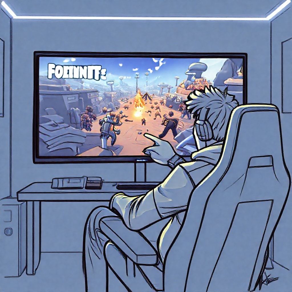 A Fortnite player character, sitting in a gaming chair, intently watching a replay of their own gameplay on a large monitor. The screen shows a chaotic build fight in Fortnite. The player has a focused expression, perhaps pointing at the screen, indicating analysis. The room is dimly lit with gaming-style LED lights. Analytical, focused, modern gaming setup, 4k, realistic game art style.