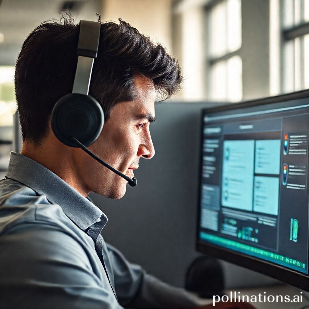 a customer service agent wearing a headset, looking at a computer screen displaying an AI-powered 'agent assist' tool, real-time suggestions appearing on screen, a helpful and focused expression, modern office cubicle, natural office lighting, detailed screen interface, candid, realistic photography