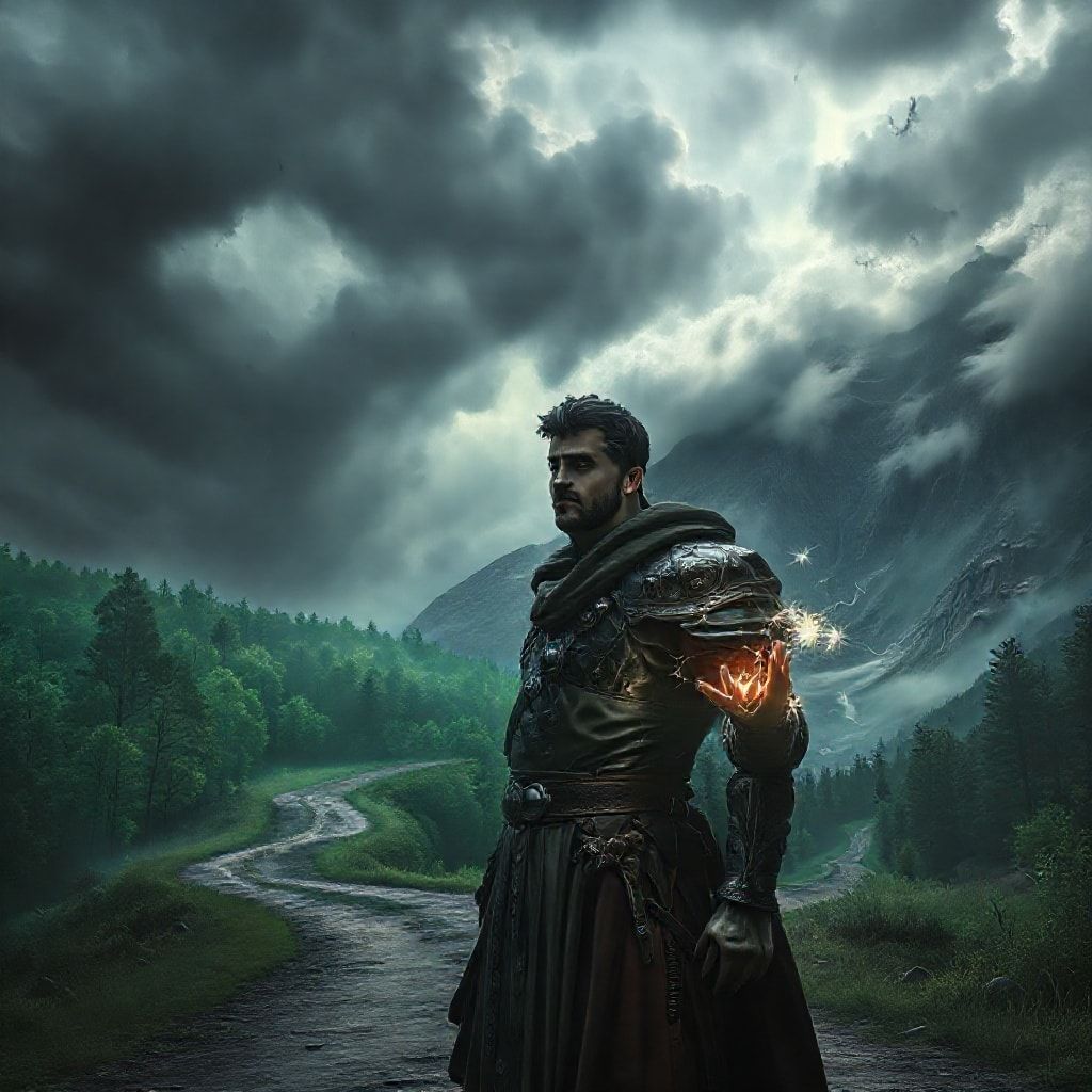 A somber scene where a fantasy hero stands at a crossroads, one path leading to a glowing, serene forest and the other to a dark, stormy mountain pass. The hero's face is etched with contemplation, a difficult moral choice weighing heavily, with subtle magical effects around their hands, dramatic lighting, detailed character design, conceptual art style, 8k