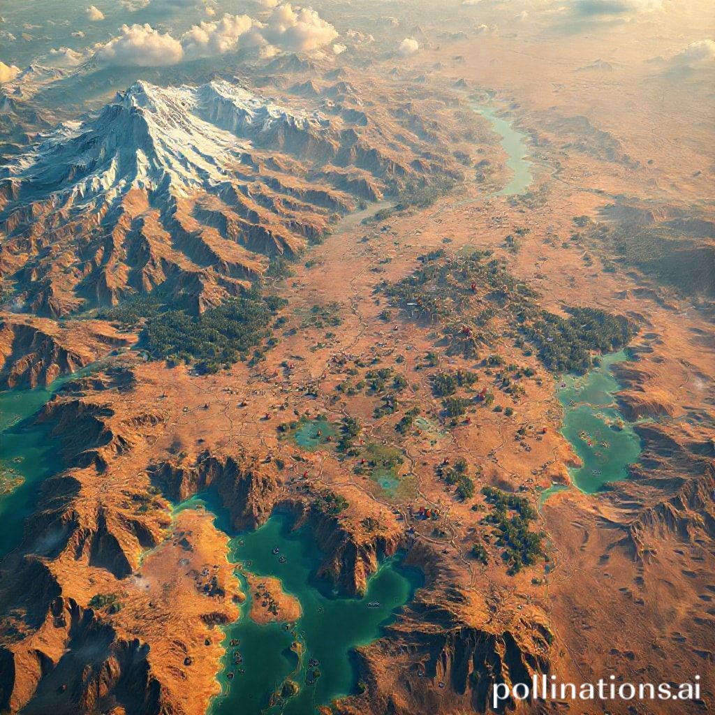 A sprawling, vibrant open-world game map, seen from an aerial perspective, showing distinct biomes like snowy mountains, lush forests, and arid deserts. Numerous interconnected quest markers and branching lines illustrate complex narrative paths, with small icons representing player choices and their impact on the world, detailed UI elements, strategic overview, digital painting, 8k