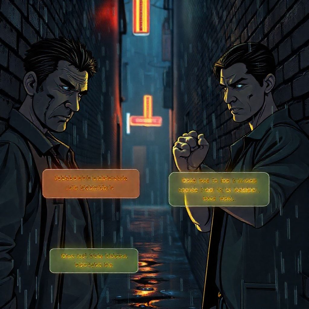 A tense, emotionally charged scene from an interactive drama video game. Two characters, one looking distressed and the other determined, stand in a dimly lit, rain-streaked alley. Dialogue options appear as glowing text boxes at the bottom of the screen, indicating a critical decision point, cinematic lighting, realistic character models, graphic novel art style, 4k