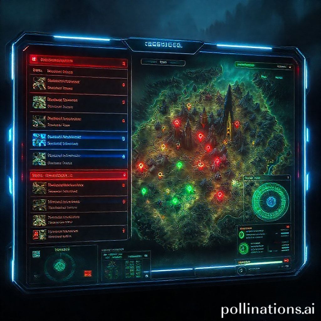 a detailed RPG quest log interface on a glowing screen, showing multiple quests with different colors indicating priority (main, side, daily), a map with markers, character stats panel, futuristic UI elements, dark fantasy setting, professional game art style