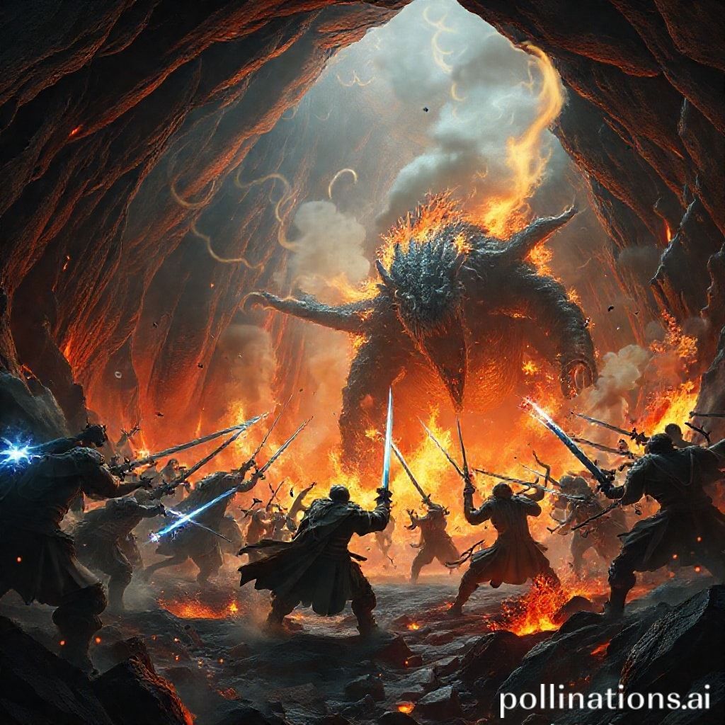 an epic battle scene in a dark fantasy RPG, a diverse party of adventurers fighting a giant monster in a volcanic cave, magic spells flying, swords clashing, dynamic lighting, smoke and fire effects, action-packed, high-resolution game screenshot style