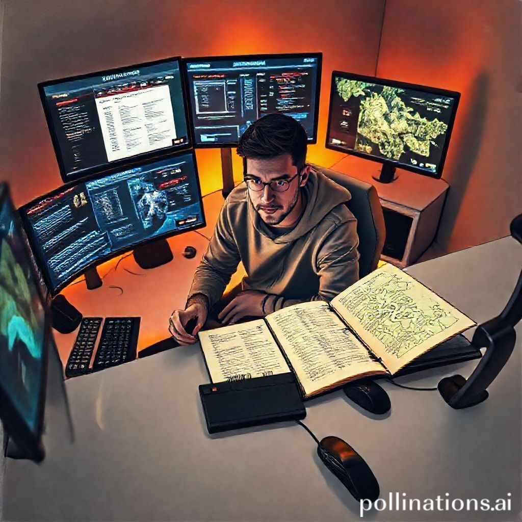 a gamer at a desk, surrounded by multiple monitors displaying RPG wikis, strategy guides, and a game map, a notebook with handwritten notes, a gaming keyboard and mouse, cozy room lighting, focused expression, modern gaming setup, realistic photography style