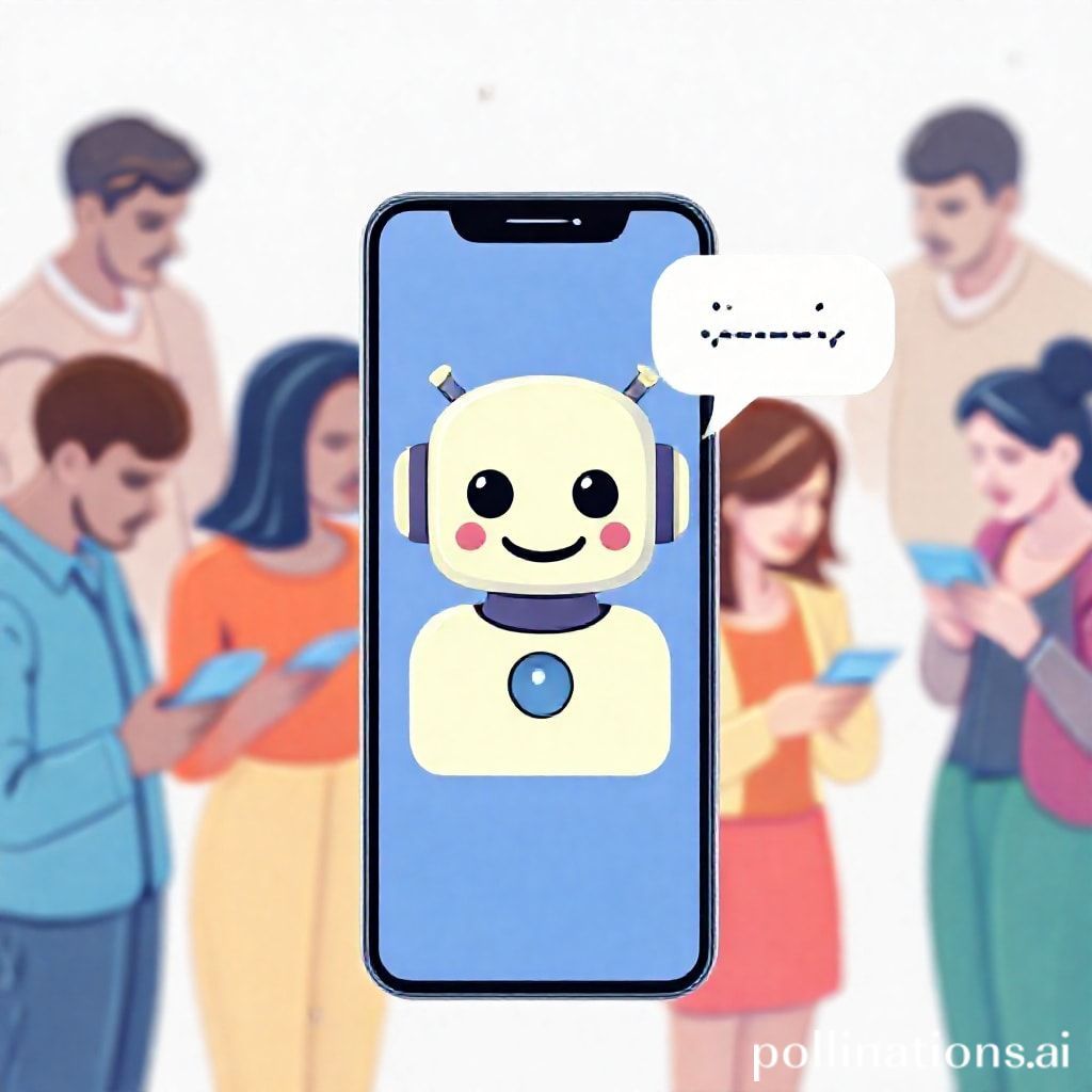 A friendly, stylized chatbot icon on a smartphone screen, with a speech bubble showing a helpful response to a customer query. In the background, a diverse group of people are interacting with digital devices, representing seamless 24/7 customer support, modern, clean design, vibrant colors, soft lighting, digital illustration style, highly detailed