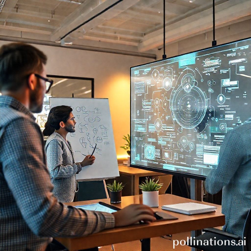 A collaborative workspace where human marketers are interacting with advanced AI interfaces. One person is sketching ideas on a digital whiteboard, while another is reviewing AI-generated insights on a large holographic screen. The atmosphere is innovative and forward-thinking, with warm, natural light and modern design elements, showing human creativity enhanced by AI, ultra realistic, highly detailed, 8k quality, photorealistic