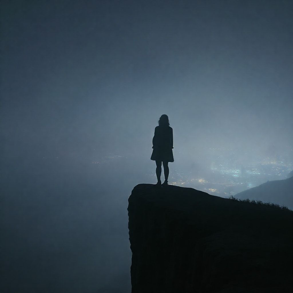 The ghostly figure of Jolene Cranley-Evans on Mount Gordo cliff edge in Grand Theft Auto V, seen at night, foggy atmosphere, distant city lights, detailed game screenshot style, eerie, mysterious, high resolution, digital art