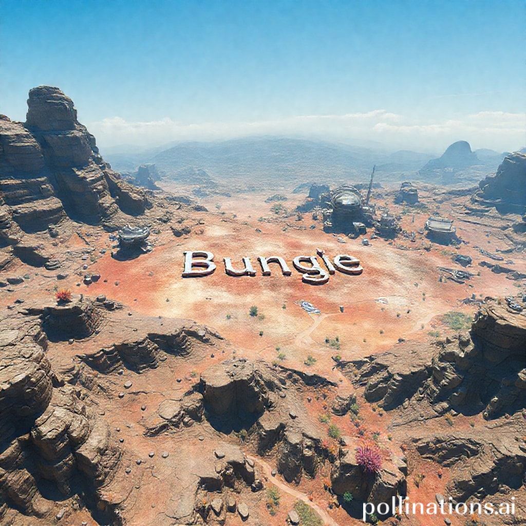 A close-up view of the hidden message 'Bungie' written in the terrain of a Halo 3 map, seen from an aerial perspective, intricate game world details, sci-fi landscape, clear blue sky, game engine rendering style, vibrant, detailed, 3D rendering
