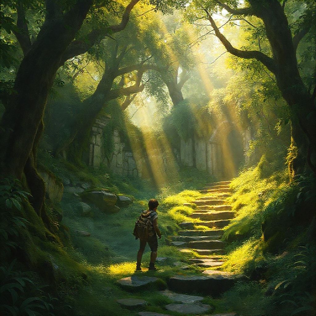 A lone adventurer character exploring a hidden, overgrown ancient ruin in a fantasy video game, sunlight filtering through trees, mossy stones, sense of discovery, high fantasy art style, detailed environment, atmospheric, epic, digital painting