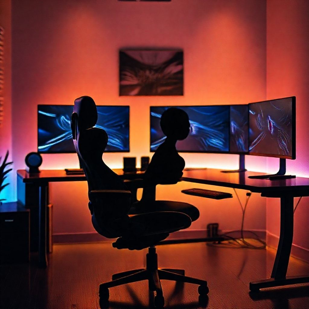 An ergonomic gaming setup featuring a comfortable gaming chair, a height-adjustable desk, multiple monitors, and proper posture being demonstrated by a silhouette, warm ambient lighting, modern, productive atmosphere, ultra realistic, highly detailed, 8k quality, photorealistic