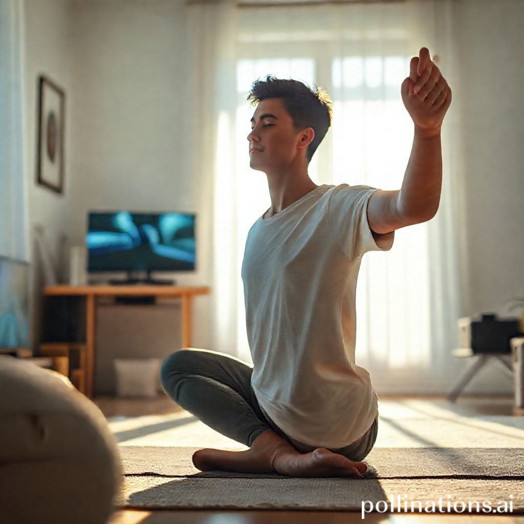 A person taking a mindful break from gaming, stretching or meditating in a comfortable, bright room, with a subtle gaming setup in the background, promoting relaxation and mental clarity, serene, natural light, calm atmosphere, ultra realistic, highly detailed, 8k quality, photorealistic