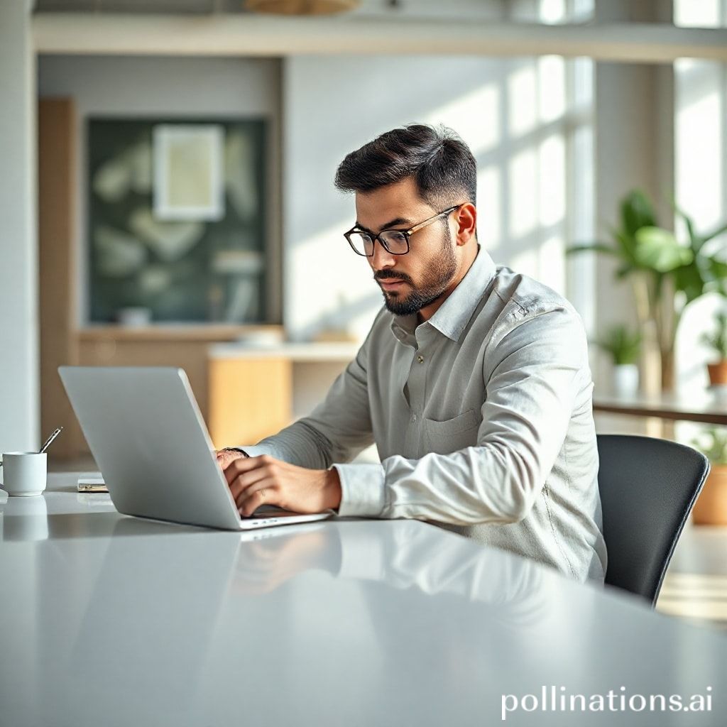professional working efficiently at a sleek, minimalist desk in a modern open-plan office, laptop open, subtle holographic icons hinting at AI assistance, focused expression, soft natural light, productive atmosphere, high-angle shot, photorealistic