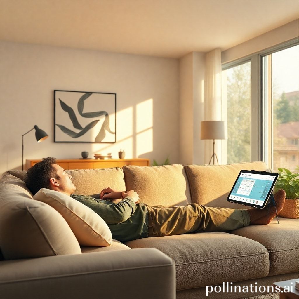 cozy living room with a person relaxing on a sofa, smart home devices subtly integrated (smart speaker, tablet displaying schedule), warm lighting, a sense of calm and effortless organization, modern interior design, natural sunlight filtering in, highly detailed