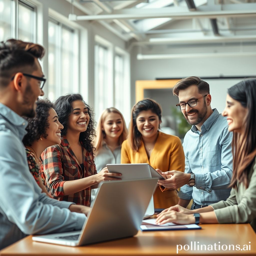 diverse group of professionals collaborating in a modern, sunlit co-working space, smiling and interacting positively, a subtle holographic overlay suggesting seamless AI integration in their workflow, vibrant and optimistic atmosphere, high-energy, photorealistic
