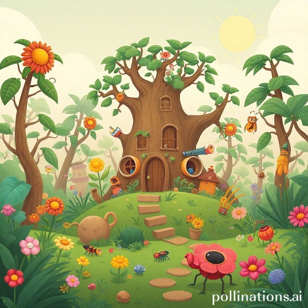 A whimsical survival game scene set in a fantastical, overgrown garden, with miniature players building a treehouse base out of everyday objects like teacups and pencils, surrounded by giant, friendly-looking insects and colorful, exaggerated flora under a warm, sunny sky, showcasing creative scale and unique challenges, vibrant colors, cartoonish yet detailed style.