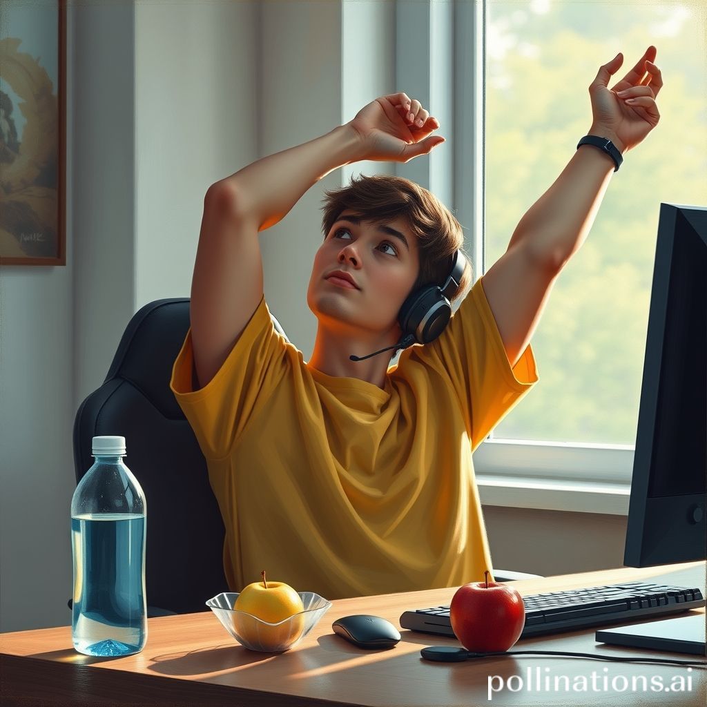 A gamer taking a short break from their PC, stretching their arms above their head, with a water bottle and a healthy snack (like an apple) on the desk nearby, natural light coming through a window, comfortable and relaxed atmosphere, soft focus background, realistic, detailed, 4k quality