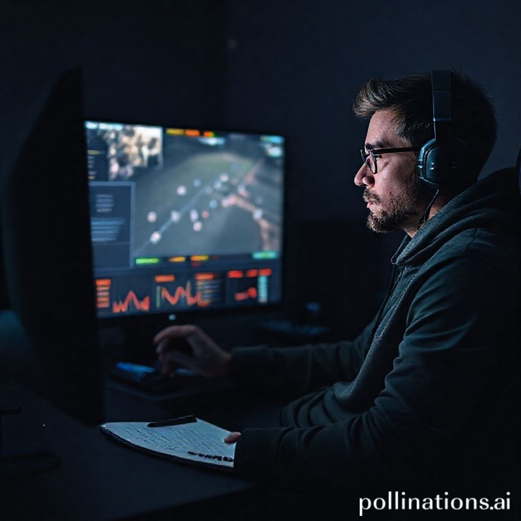 A focused gamer sitting in front of a monitor, reviewing a game replay with analytical overlays, possibly with a notepad and pen, a serious expression, dark room with screen glow, competitive gaming atmosphere, high-tech, detailed, 8k quality, cinematic