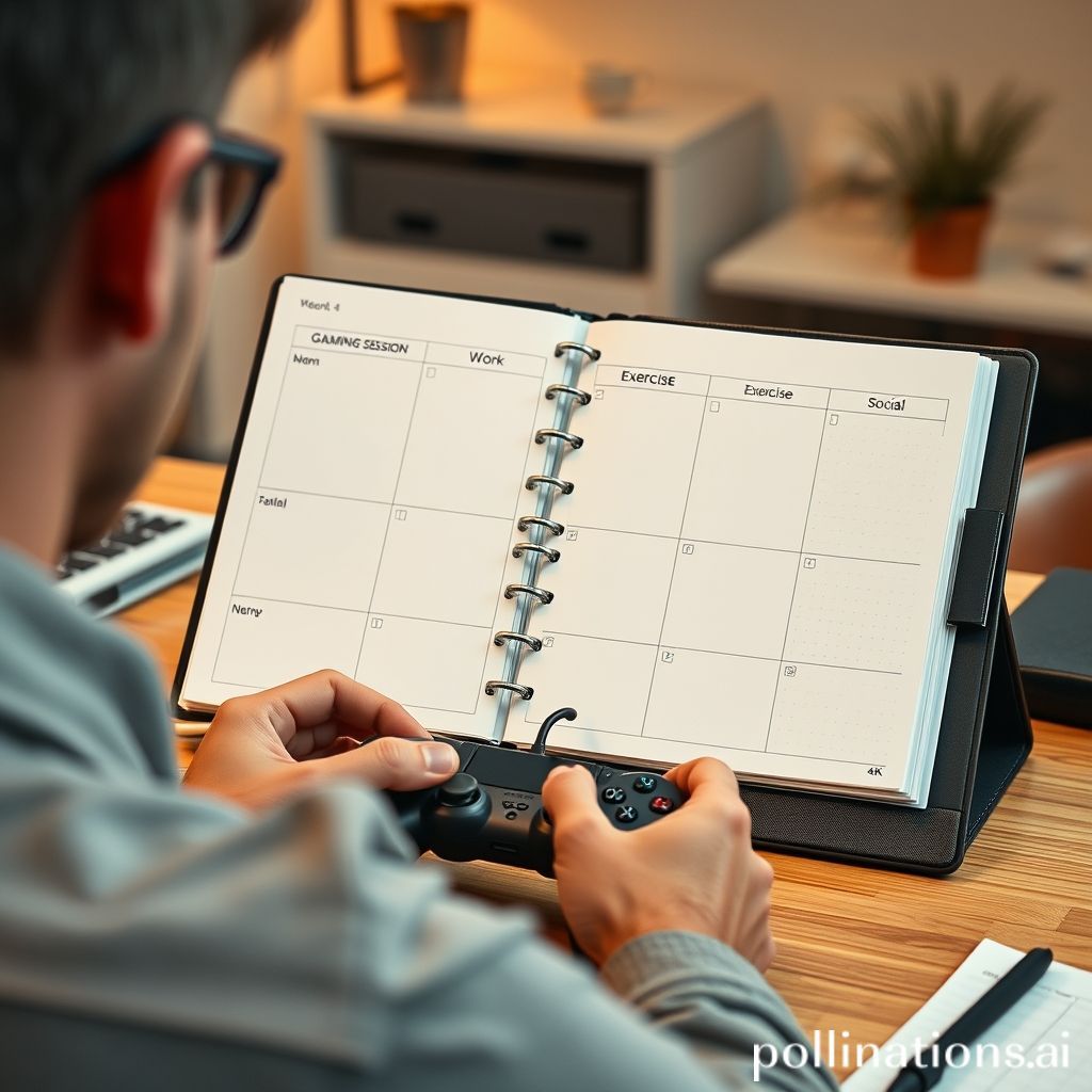 A person looking at a weekly planner with 'Gaming Session' slots balanced alongside 'Work', 'Exercise', and 'Social' activities, a gaming controller resting on the table next to the planner, warm and organized home office environment, soft light, productive, realistic, detailed, 4k quality