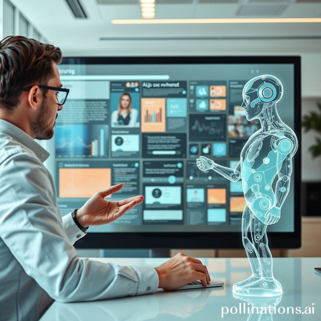 a human content strategist reviewing AI-generated content on a large transparent screen, a subtle holographic AI assistant figure providing insights, in a bright, collaborative workspace, demonstrating synergy and innovation, modern, clean lines, professional, 4k quality