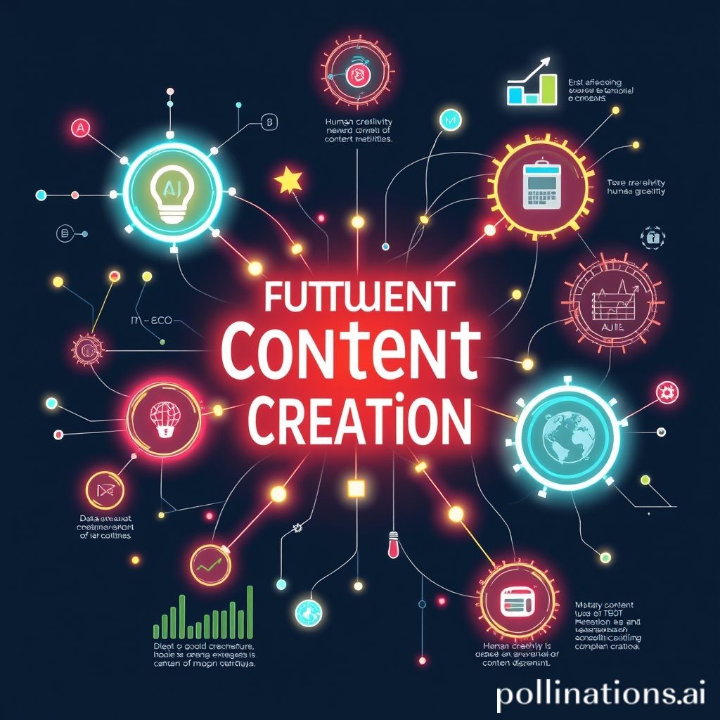 a vibrant, dynamic infographic illustrating the future of content creation, with various interconnected nodes representing AI tools, human creativity, data analytics, and global distribution, flowing lines and glowing data streams, positive and forward-looking, digital art style, high resolution