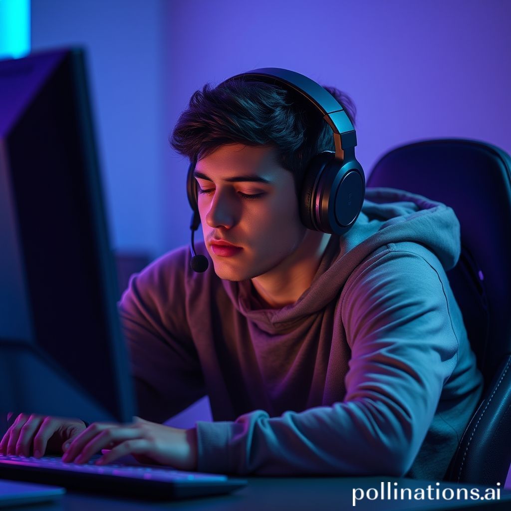 A gamer sitting intently at their desk, wearing a headset, taking a deep, calming breath. The scene shows subtle light effects from the monitor reflecting on their face, indicating focus and composure amidst a competitive gaming environment. Soft blue and purple lighting, high contrast, cinematic, ultra realistic, highly detailed, 8k quality